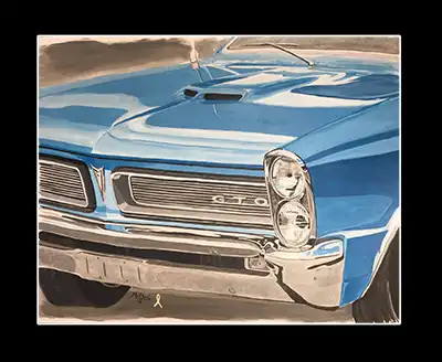 Painting of the front end of a blue Pontiac GTO