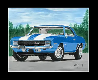 Painting of a blue 67 camaro