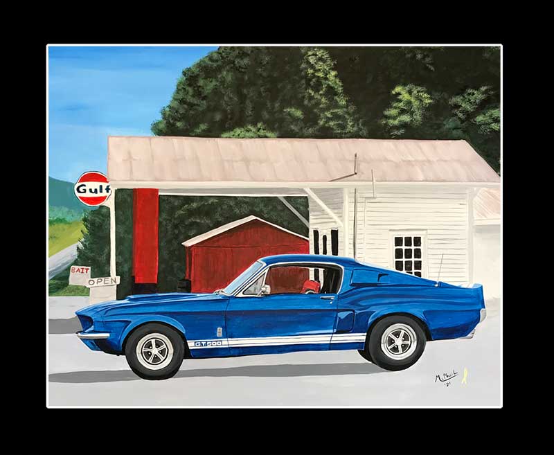 Painting of a blue Ford Mustang in front of an old gas station