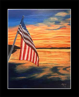 Flag sunset at lake