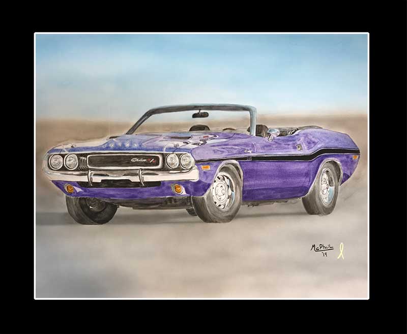 Purple Dodge Challenger RT convertible painting.