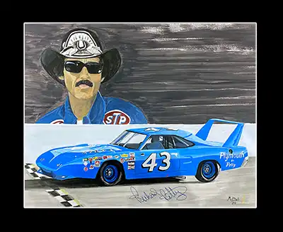 Richard Petty signed painting of his Plymouth Superbird race car