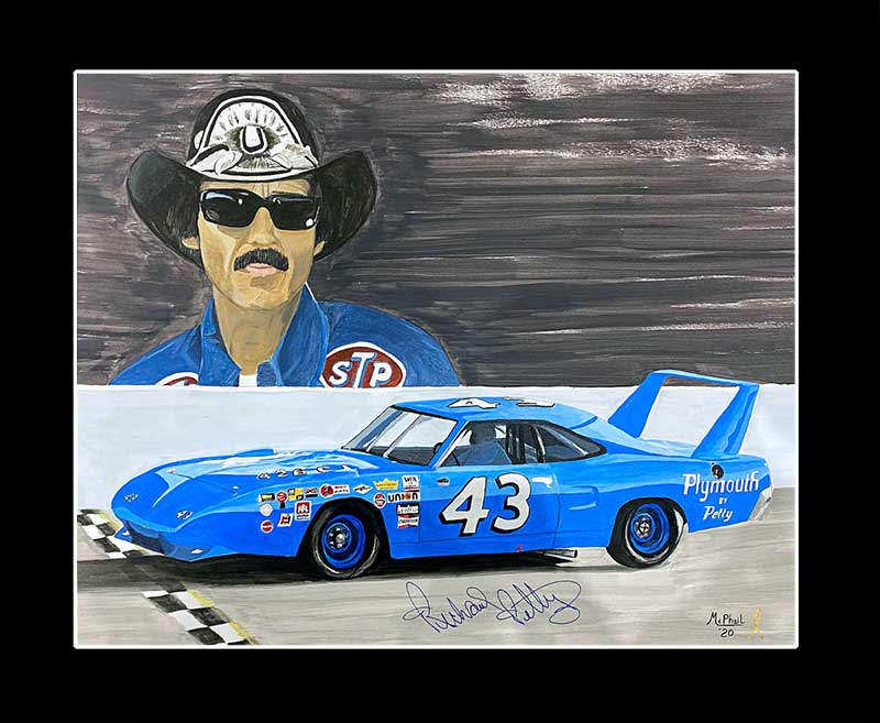Richard Petty signed painting of his blue Plymouth Superbird race car