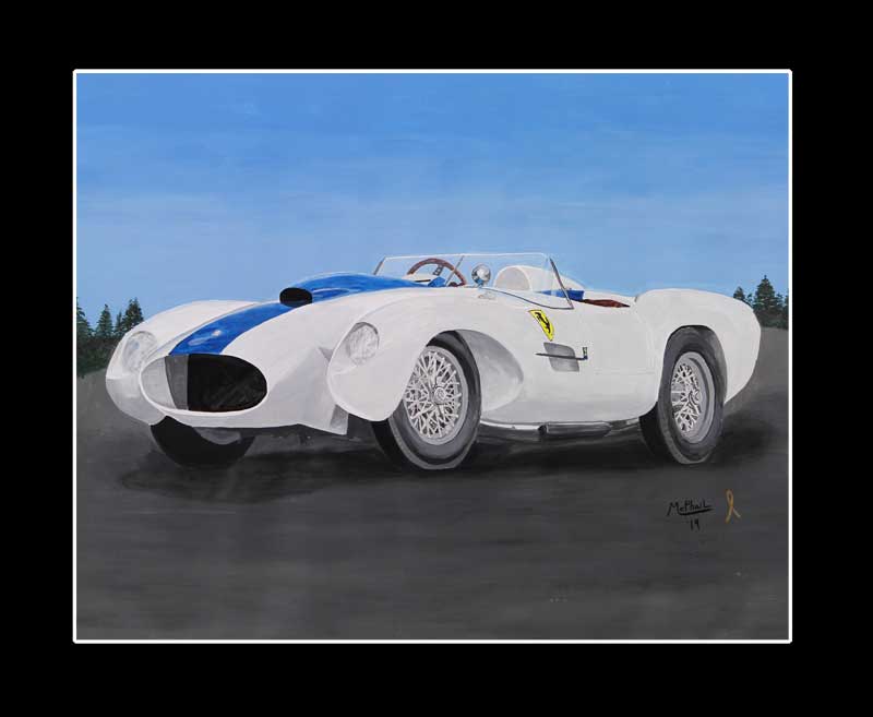 White and blue racing ferrari painting